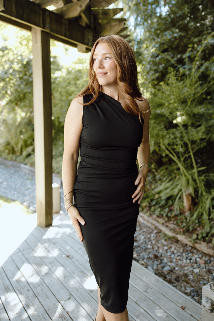One Shoulder Shirring Dress - Black