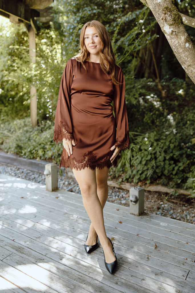 Long Sleeve Satin Dress with Lace Trim - Bordeaux