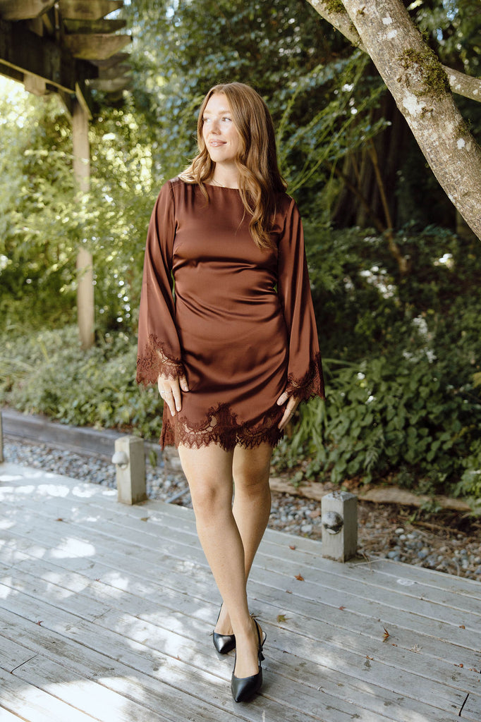 Long Sleeve Satin Dress with Lace Trim - Bordeaux