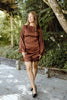 Long Sleeve Satin Dress with Lace Trim - Bordeaux