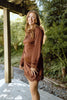 Long Sleeve Satin Dress with Lace Trim - Bordeaux