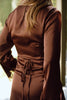 Long Sleeve Satin Dress with Lace Trim - Bordeaux