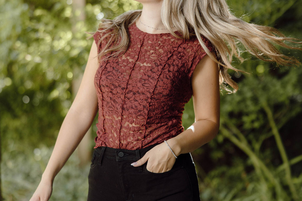 Lace Cap Sleeve Shirt - Wine