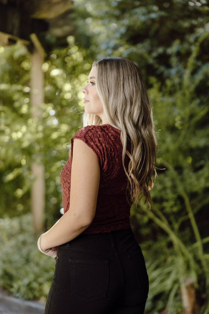 Lace Cap Sleeve Shirt - Wine