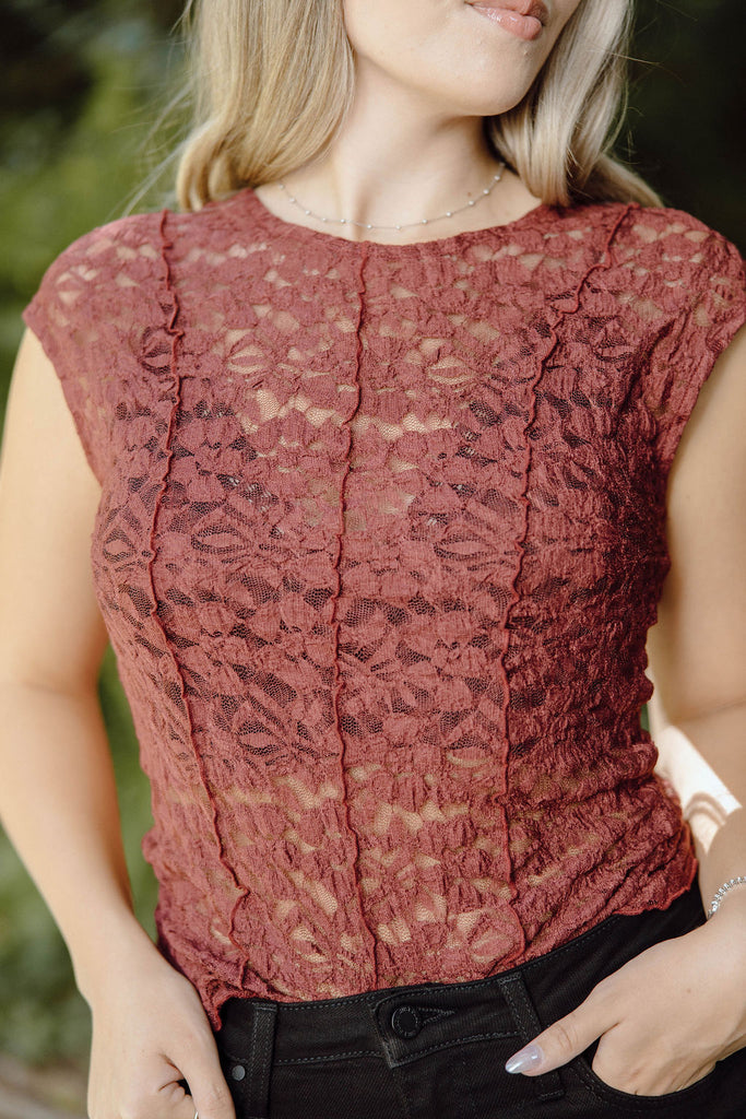 Lace Cap Sleeve Shirt - Wine