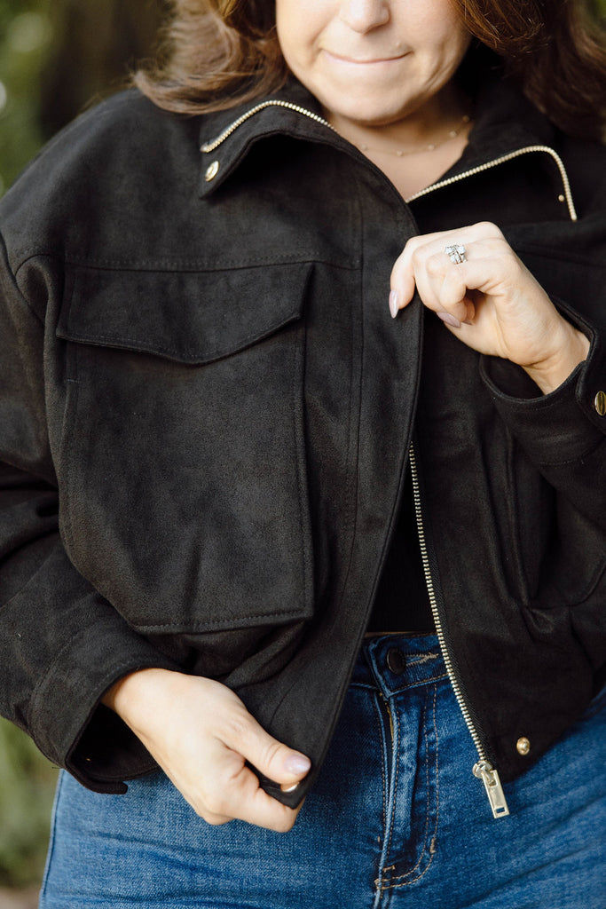 Faux Suede Utility Bomber - Black