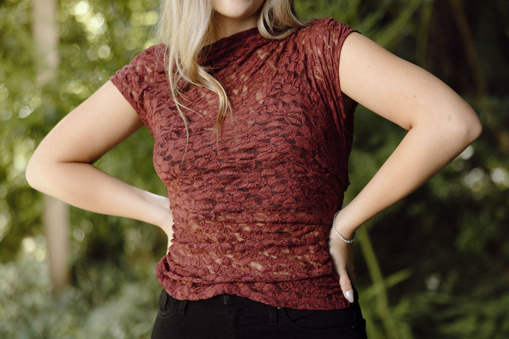 Ruched Shoulder Lace Top - Wine