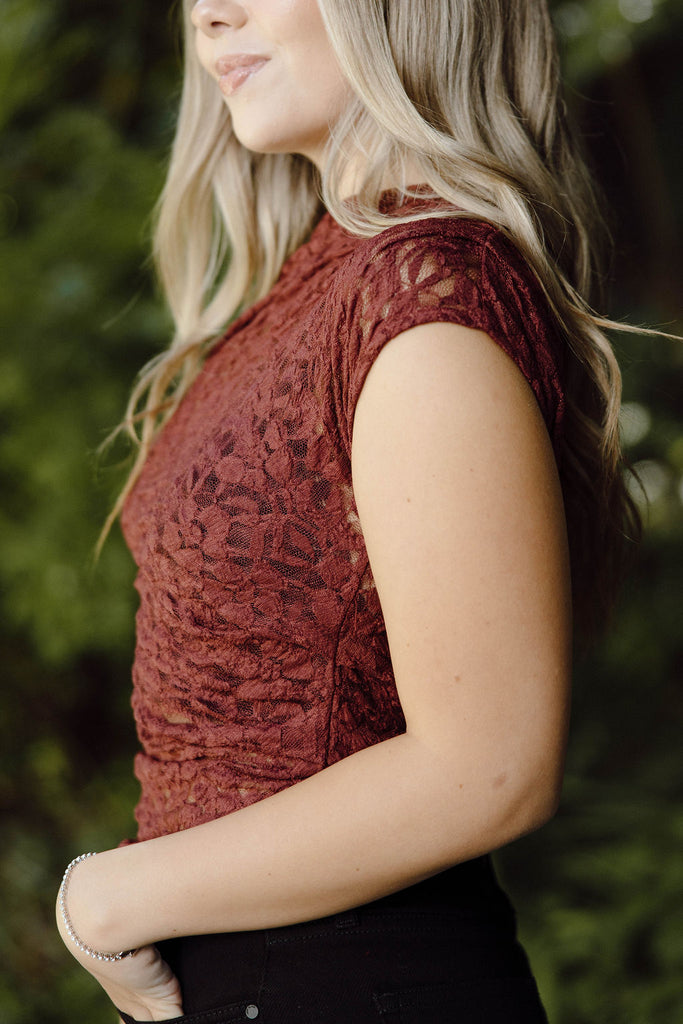 Ruched Shoulder Lace Top - Wine