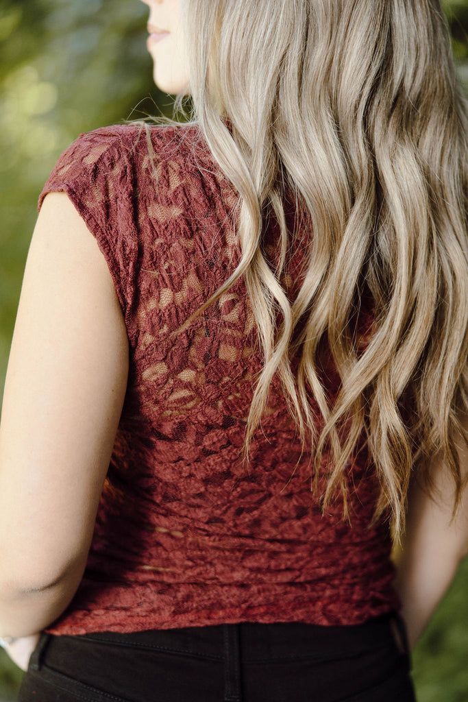 Ruched Shoulder Lace Top - Wine