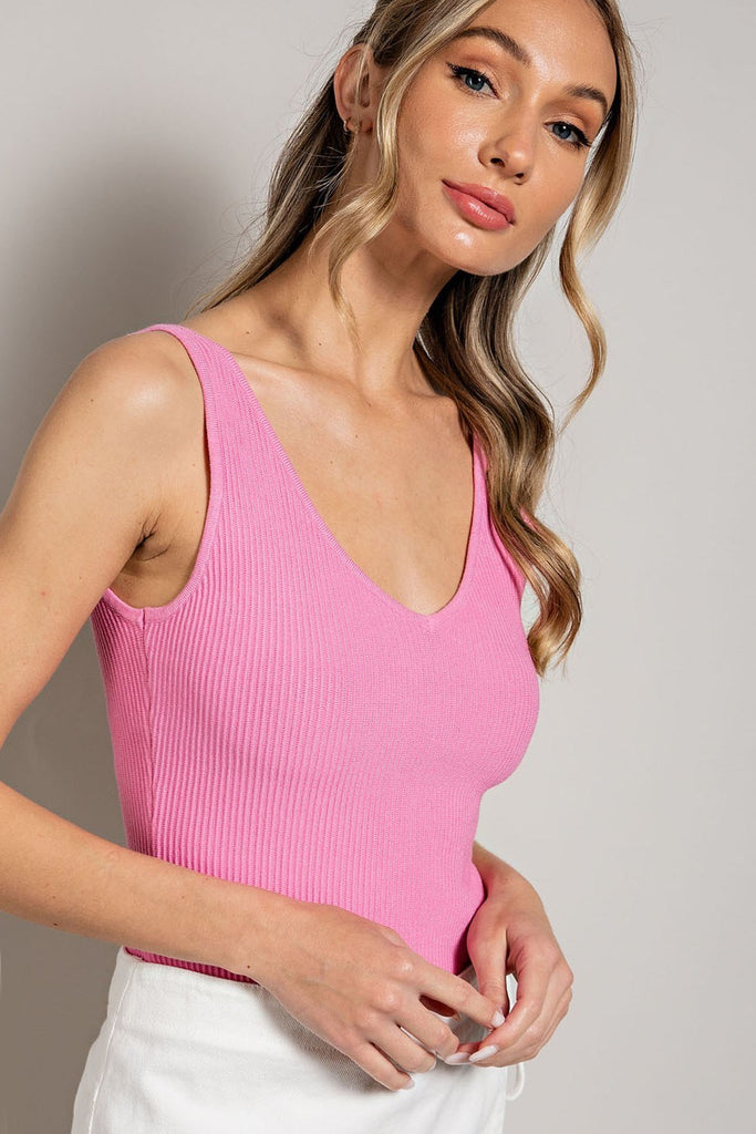 Classic Ribbed VNeck Tank - Pink