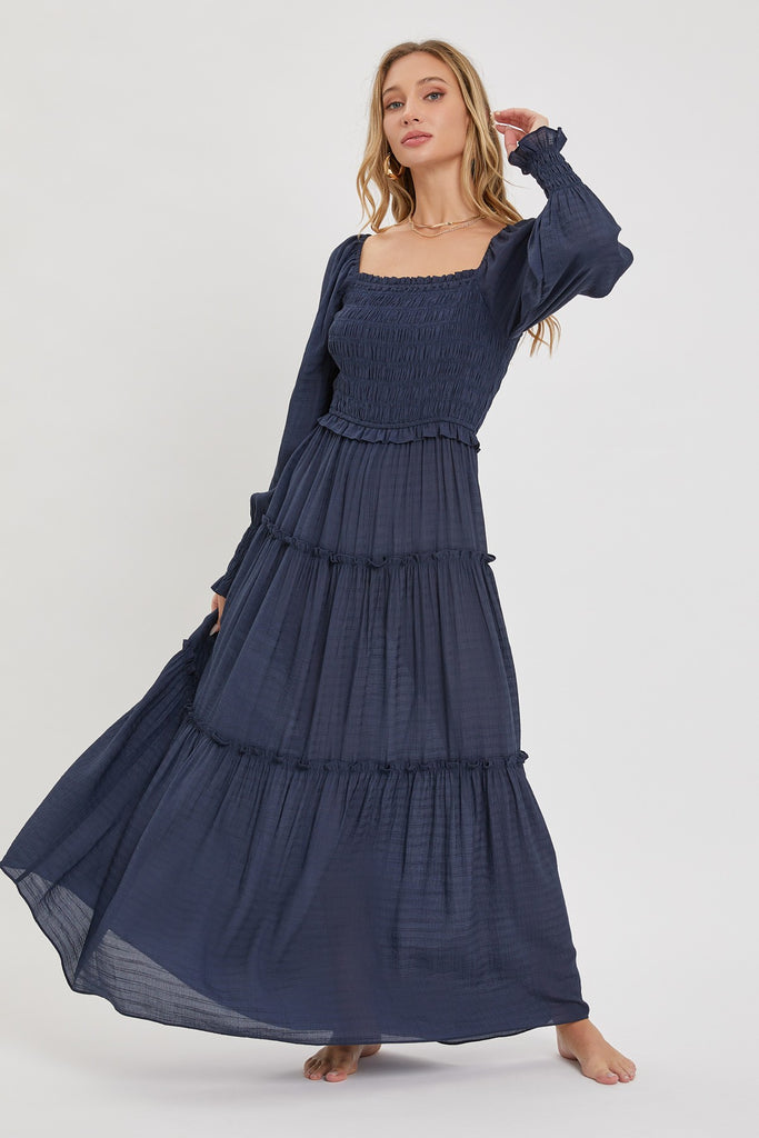 Smocked Ruffle Maxi Dress - Navy