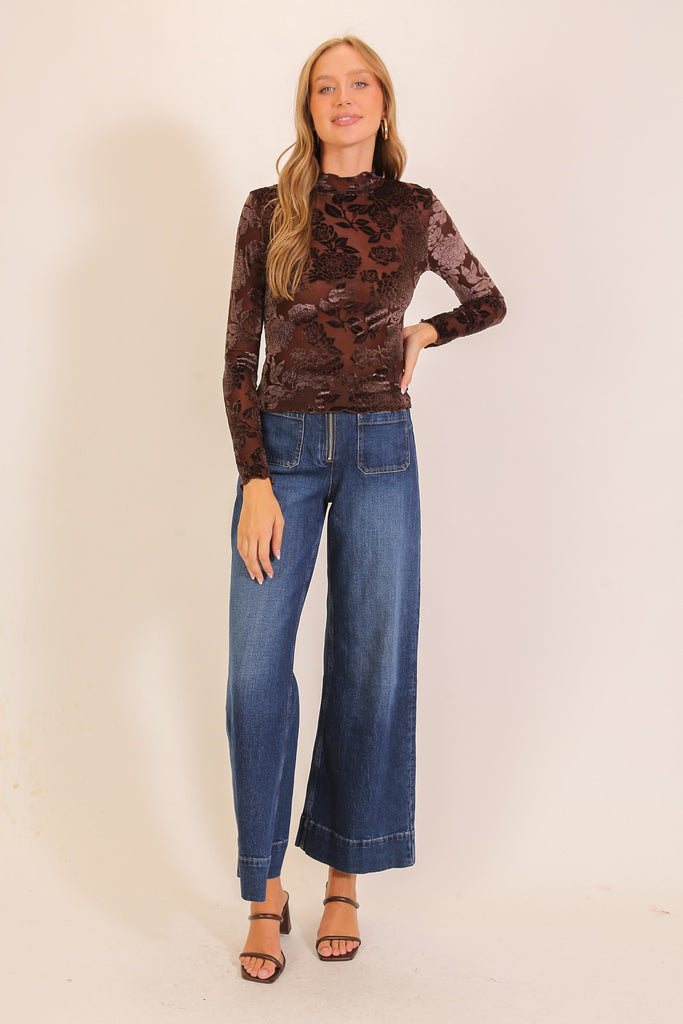 Velvet Floral Long Sleeve Shirt - Dark Brown