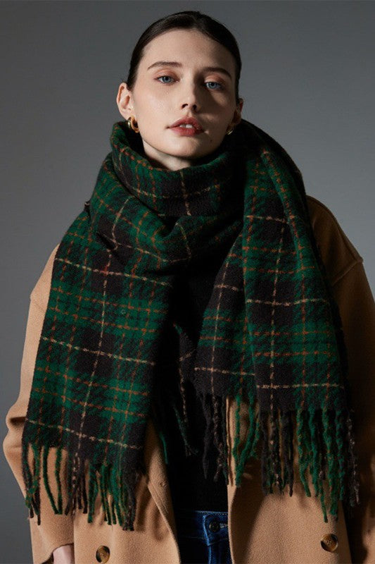 Green Tassel Plaid Scarf