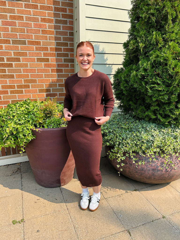 Waffle Sweater & Skirt Set - Cacao