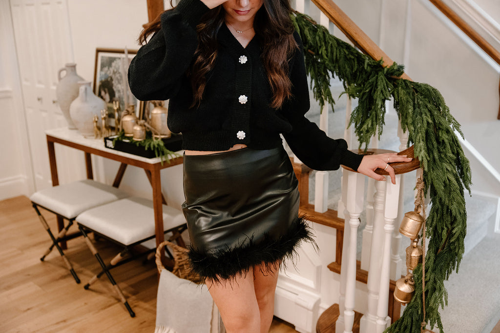 Faux Leather Skirt With Feather Trim - B
