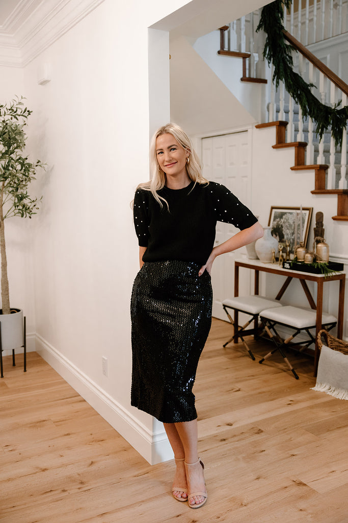 Sequin Pencil Skirt - Black