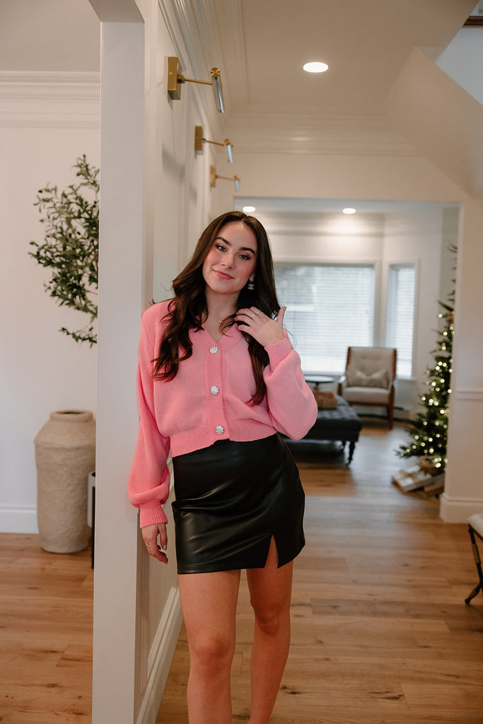 Faux Leather Skirt With Slit - Black