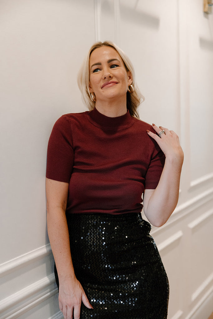 Mock Neck Short Sleeve Sweater - Wine