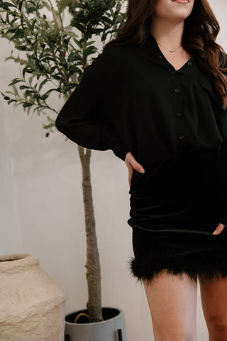 Velvet Skirt With Feather Trim - Black