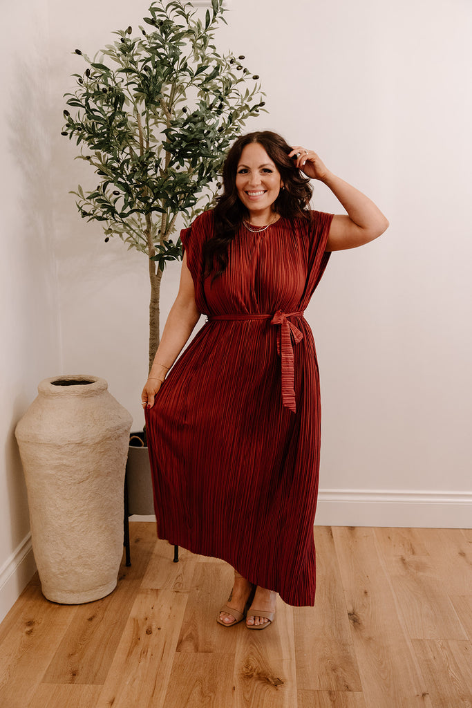 Pleated Midi Dress With Waist Tie - Berr