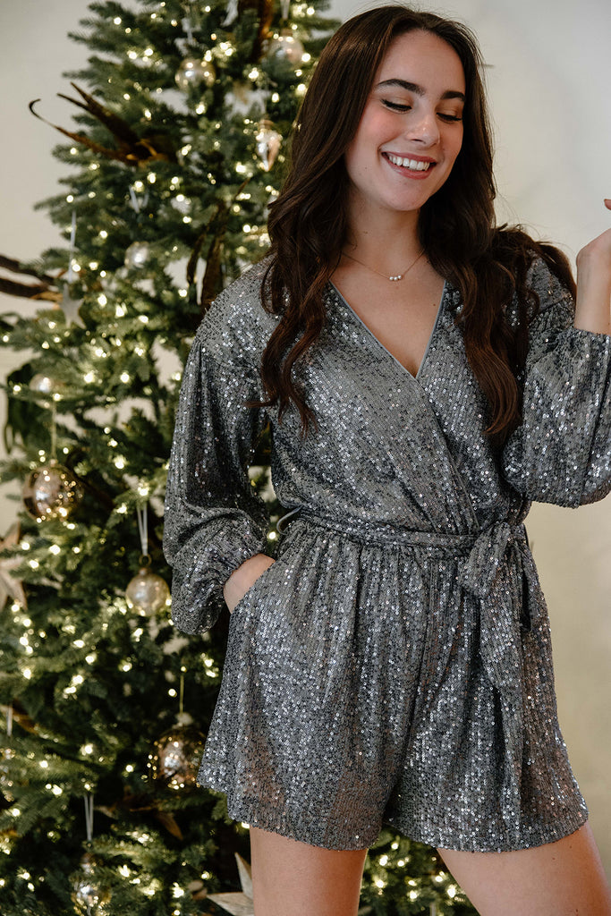 Sequin Romper with Sash - Grey