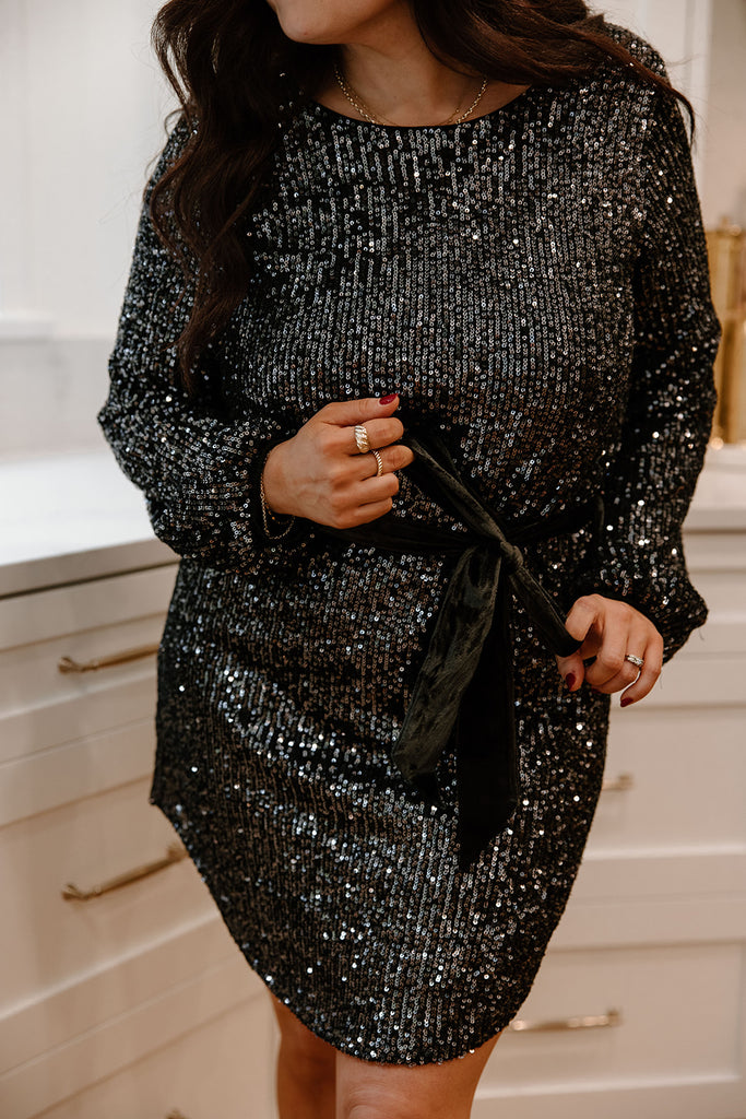 Gunmetal Sequin Dress with Velvet Belt
