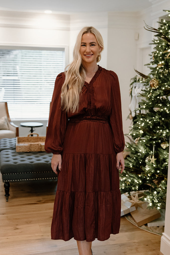Long Sleeve Midi Ruffle Dress - Vino