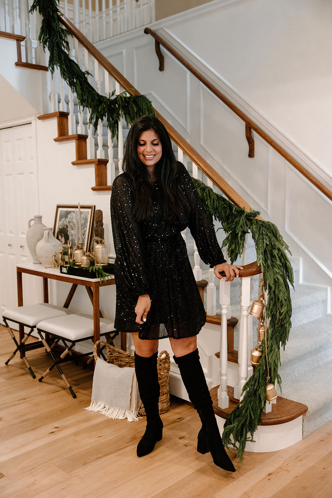 Sequin Dress with Sash - Black