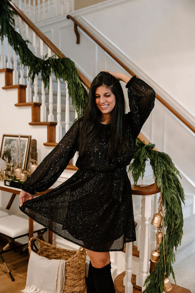 Sequin Dress with Sash - Black