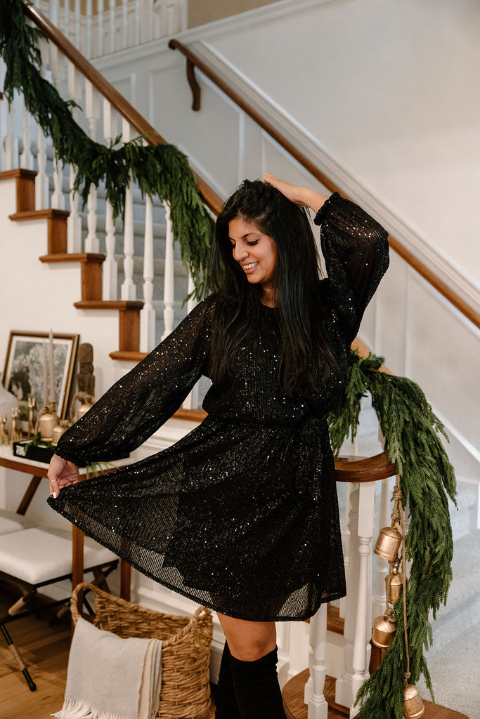 Sequin Dress with Sash - Black