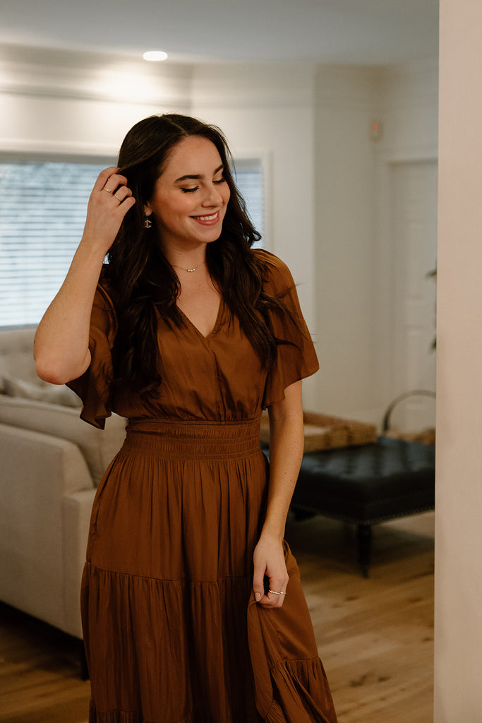 Pleated Satin Midi Dress - Bronze