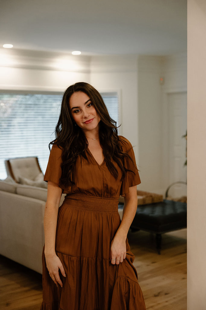 Pleated Satin Midi Dress - Bronze