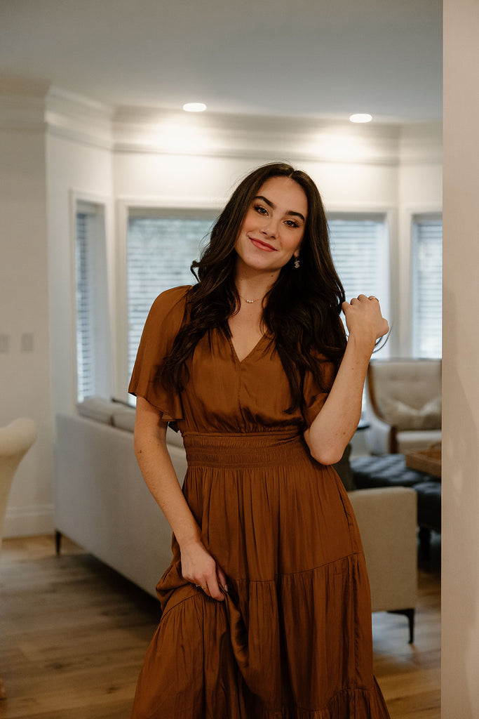 Pleated Satin Midi Dress - Bronze