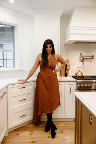 Pleated Satin Midi Dress - Bronze