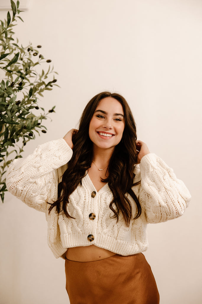 Cable Knit Crop Cardigan - White