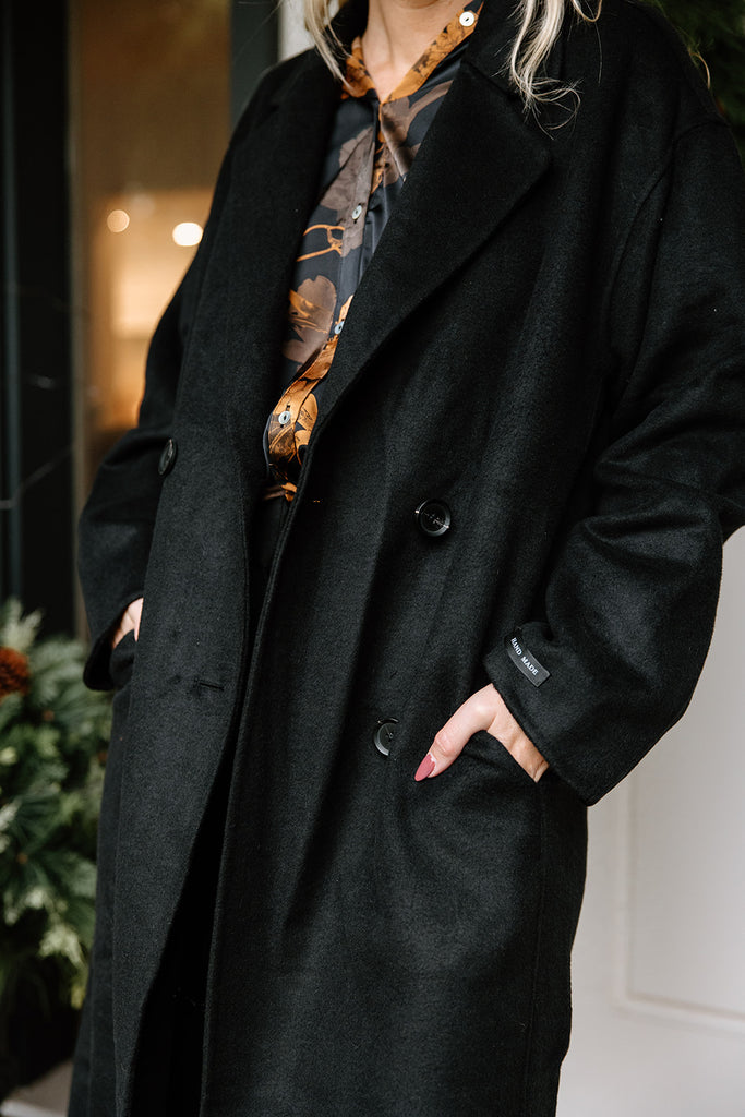Double Breasted Longline Coat - Black