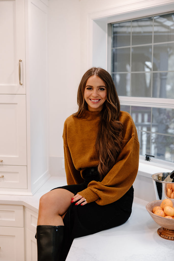 Ribbed Mock Neck Sweater - Cognac