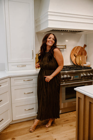 Pleated Satin Midi Dress - Bronze
