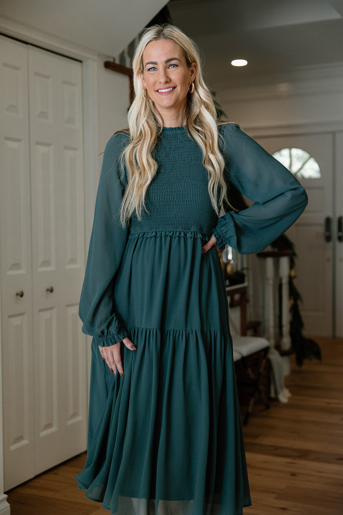 Smocked Midi Dress with Sleeve - Green