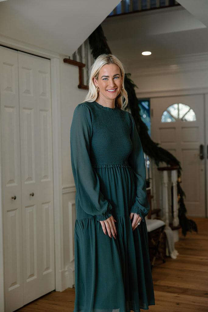 Smocked Midi Dress with Sleeve - Green