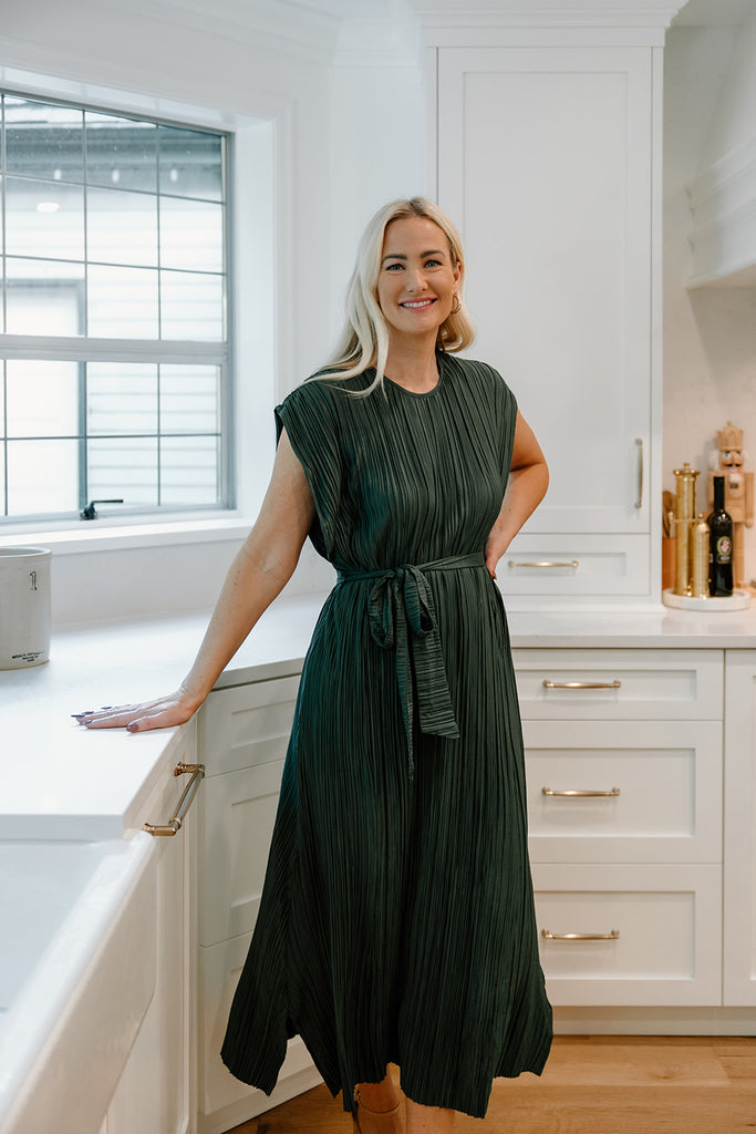 Pleated Midi Dress With Waist Tie - Gree