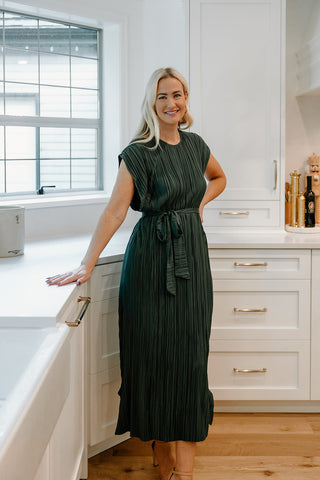 Pleated Satin Midi Dress - Bronze