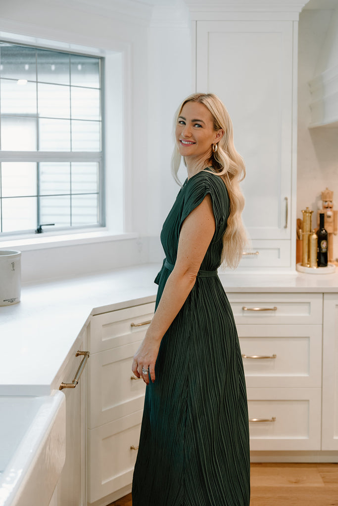 Pleated Midi Dress With Waist Tie - Gree