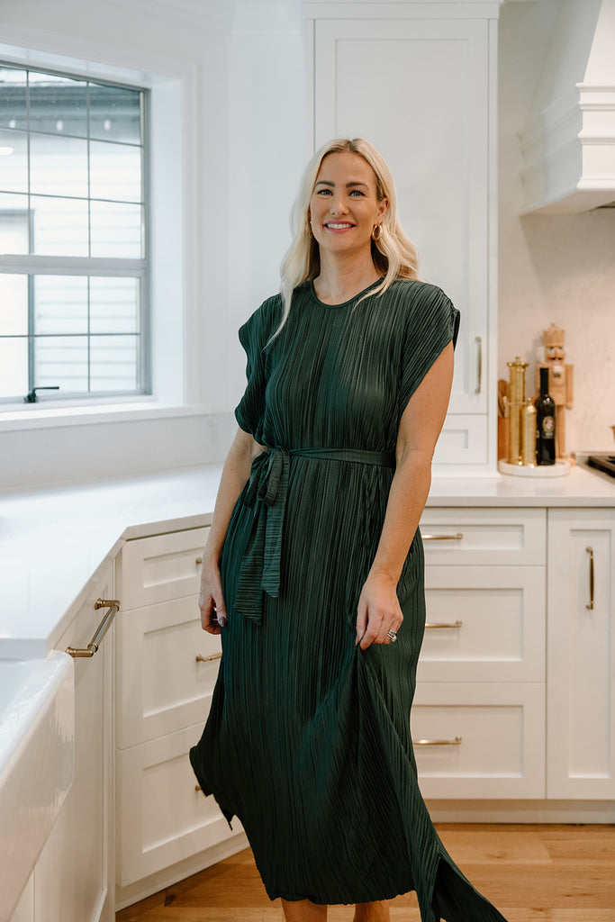 Pleated Midi Dress With Waist Tie - Gree