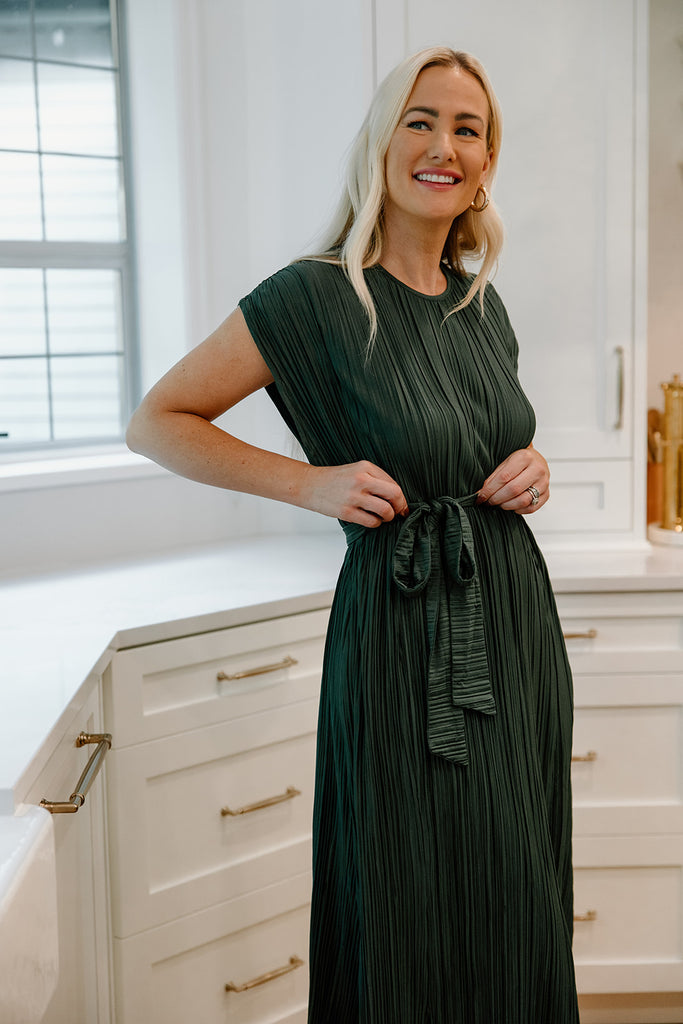 Pleated Midi Dress With Waist Tie - Gree
