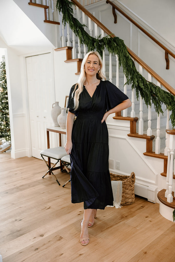 Pleated Satin Midi Dress - Midnight
