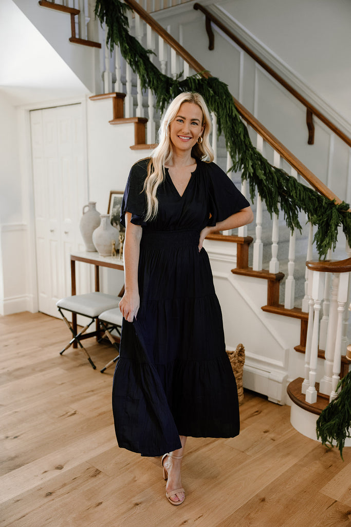 Pleated Satin Midi Dress - Midnight