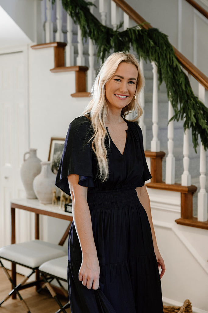 Pleated Satin Midi Dress - Midnight