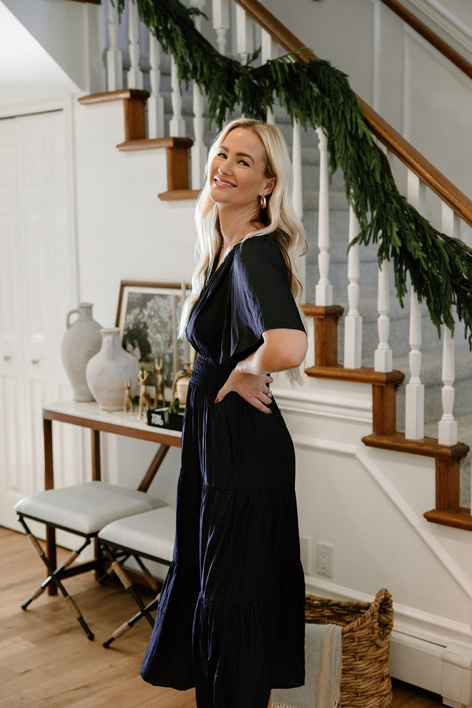 Pleated Satin Midi Dress - Midnight