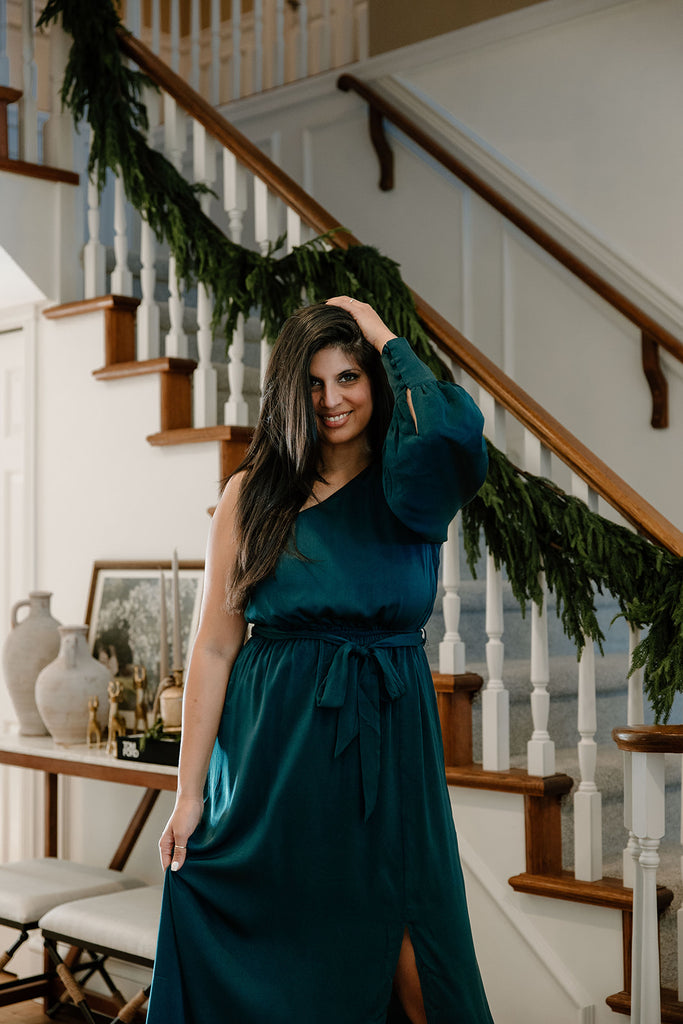 One Shoulder Maxi with Slit - Green
